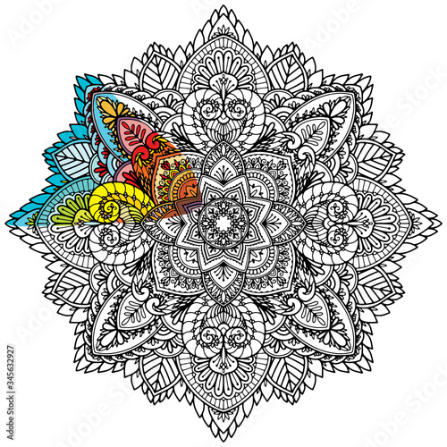 coloring page, mandala with an example of coloring