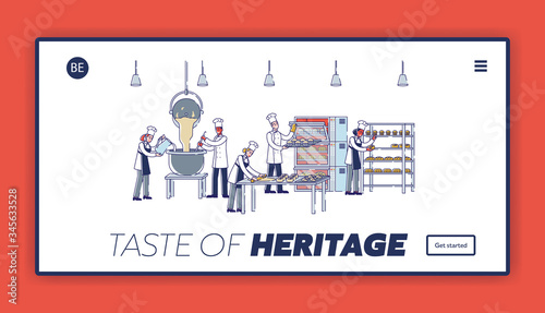 Concept Of Modern Manufacturing Process In Bakery. Website Landing Page. People Kneading Dough, Make Croissants, Bread And Cupcakes. Web Page Cartoon Linear Outline Flat Style. Vector Illustration