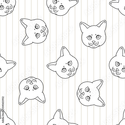 Cute cartoon monochrome British shorthair kitten face seamless vector pattern. Pedigree lineart kitty breed domestic kitty background. Cat lover English purebred all over print. Feline EPS 10. 