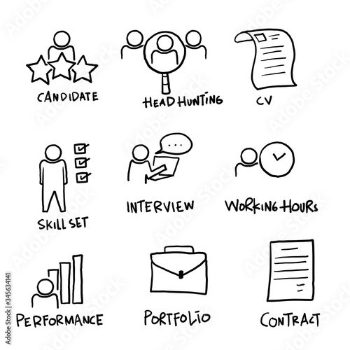 hand drawn Head Hunting Related Vector Line Icons. Contains such Icons as Candidate, CV, Card Index, Outsource and more. doodle