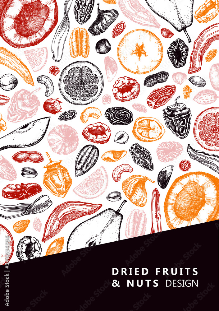 Dried fruits and nuts flyer design. Hand drawn dehydrated fruits sketches. Vintage nuts illustrations. For vegan food, snacks, healthy breakfast, granola, baking, desserts. Dried fruits and nuts flyer design. Hand drawn dehydrated fruits sketches. Vintage nuts illustrations. For vegan food, snacks, healthy breakfast, granola, baking, desserts.