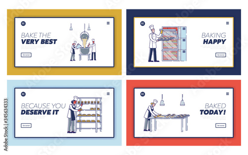 Website Landing Page. Manufacturing Process In Bakery With Characters Kneading Dough, Make Bakery Products, Put It To Oven For Baking. Web Page Cartoon Linear Outline Flat Vector Illustrations Set