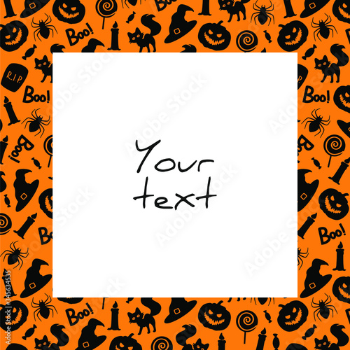 Halloween square frame; black halloween elements on orange background; frame for greeting cards, invitations, posters, banners, packaging.