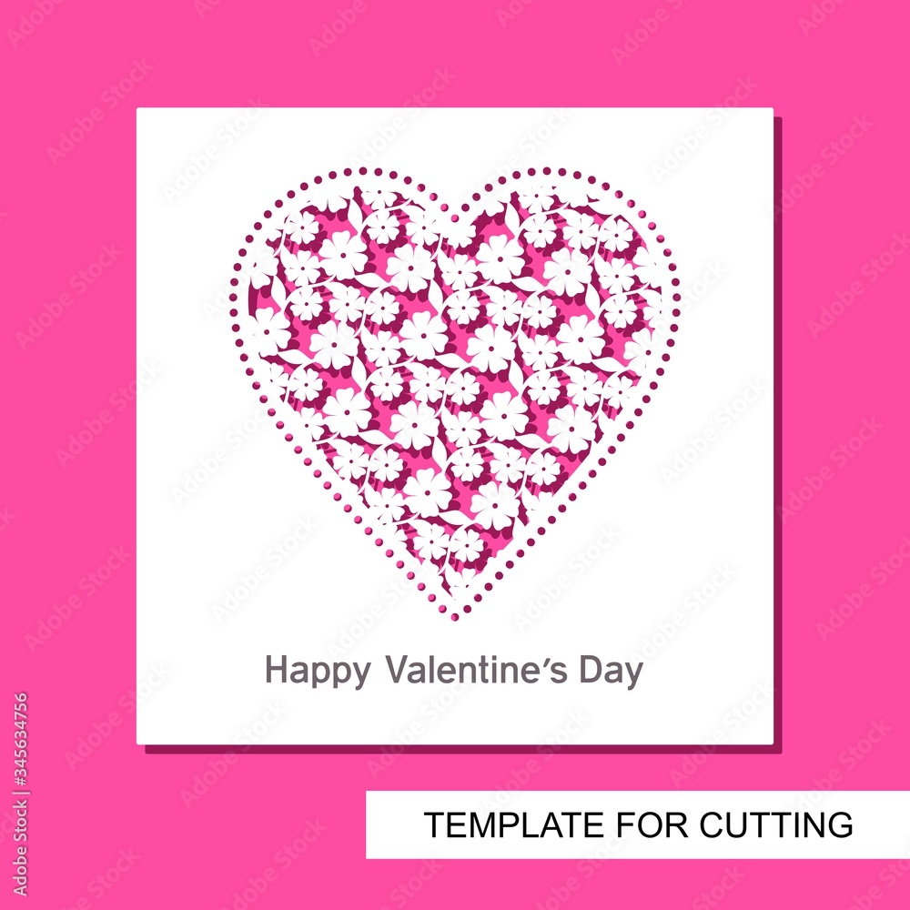 Square card with carved openwork heart of flowers and leaves. Greeting card, invitation or congratulation for Valentine's Day or wedding. Vector template for laser plotter cutting or printing.