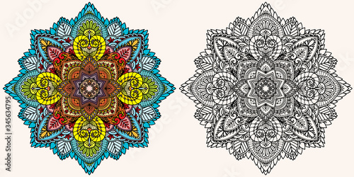 Coloring page. Antistress coloring book for adults. Mandala. Outline drawing and coloring example
