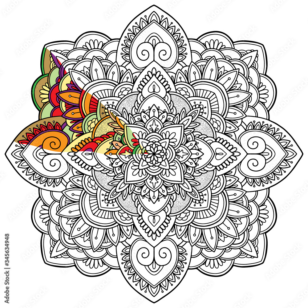 coloring page, mandala with an example of coloring Stock Vector | Adobe Stock