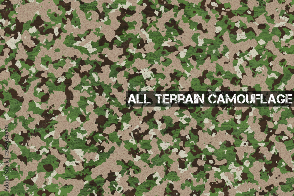 Fototapeta premium All Terrain Camouflage, Highly sophisticated camouflage to destroy visibility. Tactics to hide enemy. For hiding and destroying missions.