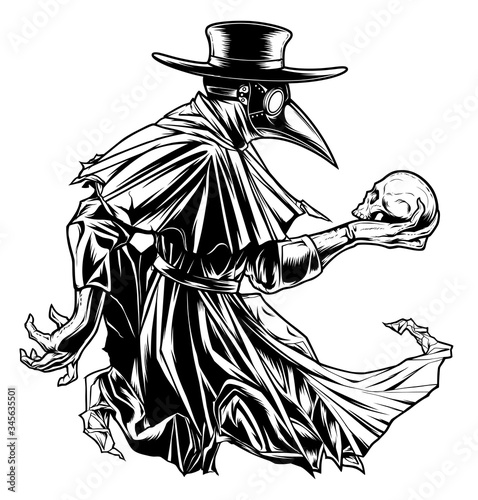 Plague doctor with skull black and white