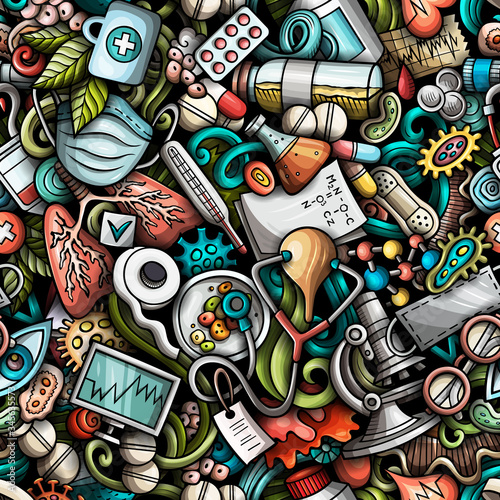Cartoon cute doodles hand drawn Medicine seamless pattern.