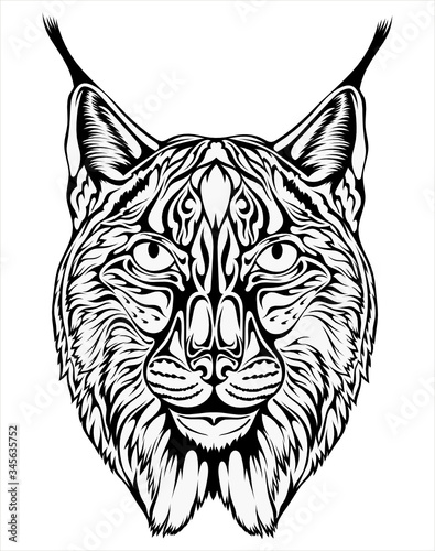 Black and white stylized image of a muzzle of a Lynx for tattoo and other.