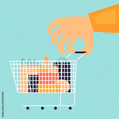 Buying food, hand holds a basket of products. Flat design vector illustration.