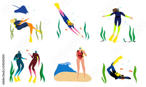 Set of young people enjoying snorkeling underwater vector illustration