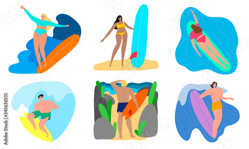 Happy young people in swimwear enjoying water surfing vector illustration