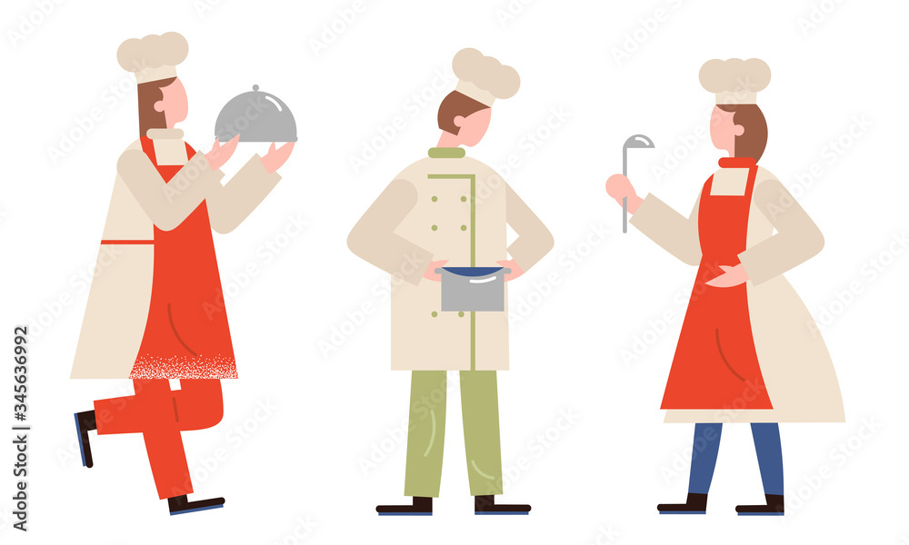 People professional cooks in special uniform and caps making food vector illustration
