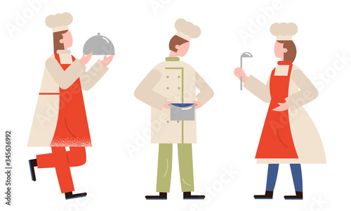 People professional cooks in special uniform and caps making food vector illustration