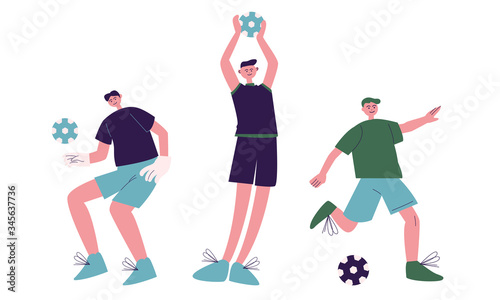 Young smiling boys in sportswear playing football vector illustration