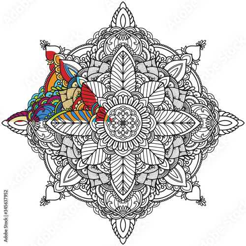 coloring page, mandala with an example of coloring