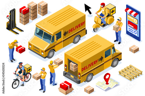 Online delivery express concept with courier parcel order. Courier shipping concepts with driver. Deliveries design with track on web, vehicle track, delivery concept. Banner flat vector illustration.