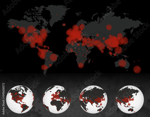 Coronavirus cases on dark World Map. Earth globe with COVID-19 disease case.