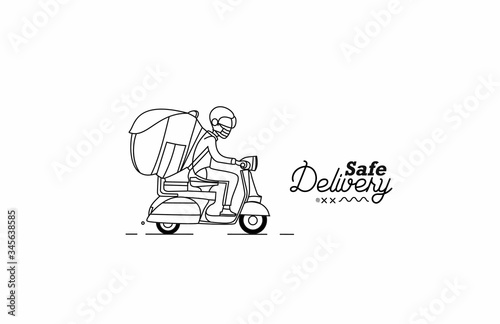 Delivery boy ride scooter delivery service , Safe Order, Fast Shipping, Flat Line Art Vector Background.