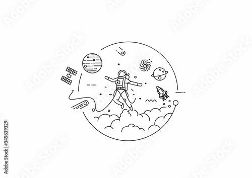 Astronaut falling down in a cosmos - Flat Line Art Design Illustration.