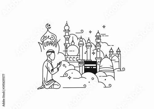 Muslim young man praying ( Fajr, Zuhr, Asr, Maghrib, and Isha ) - eid mubarak, vector Illustration.