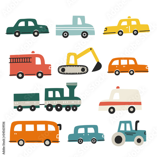 Set of different cars. Hand drawn vector illustration for kids textile design