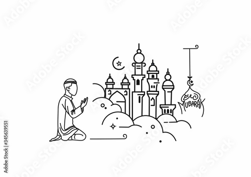 Muslim young man praying ( Fajr, Zuhr, Asr, Maghrib, and Isha ) - eid mubarak, vector Illustration.
