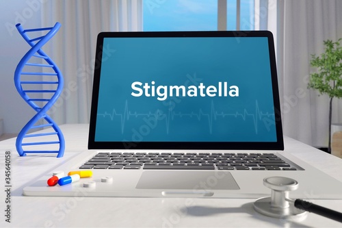 Stigmatella – Medicine/health. Computer in the office with term on the screen. Science/healthcare photo