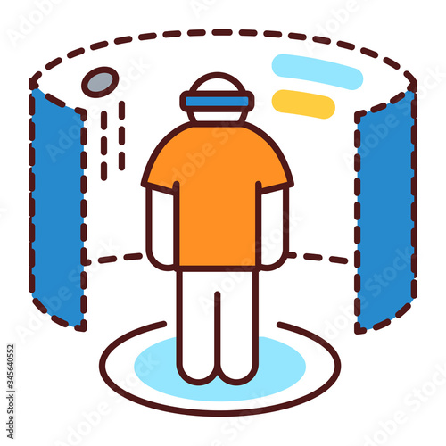 Virtual reality gaming color line icon. Man in VR helmet gaming on platform. Cyberspace, simulation, interactive. Pictogram for web page, mobile app. UI UX GUI design element. Editable stroke