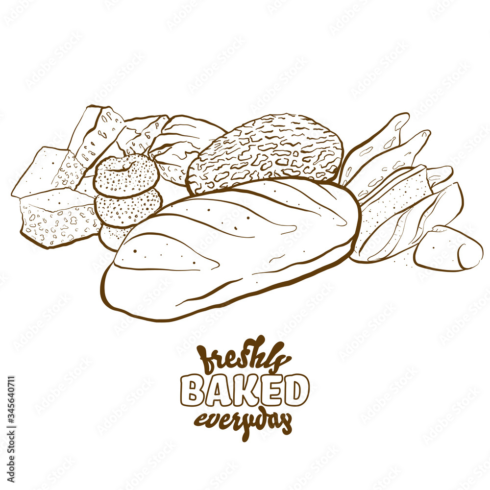 Outline version of Freshly baked everyday lettering with various bread types Outline version of Freshly baked everyday lettering with various bread types