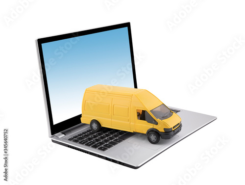 Yellow cargo delivery truck on laptop isolated on white background