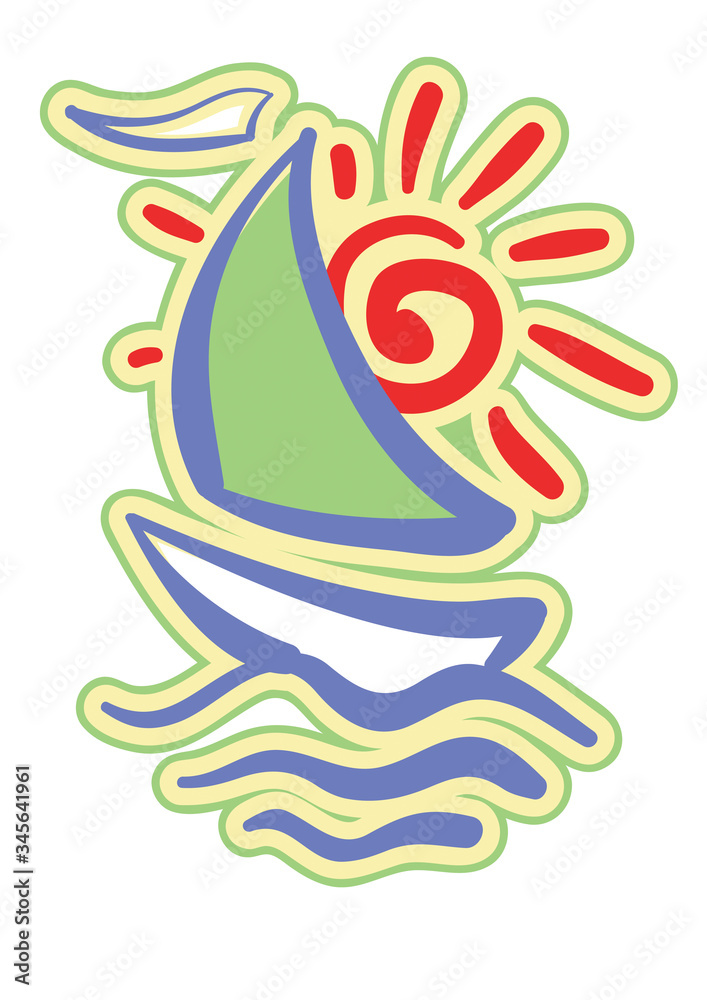 Obraz premium stylized sailing ship on the background of the stylized sun, isolated object on a white background, logo, vector illustration,