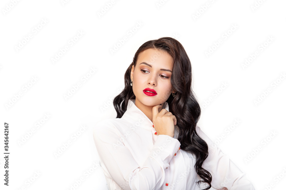 Young beautiful woman model fashionable and stylish on a white background in the Studio Young beautiful woman model fashionable and stylish on a white background in the Studio