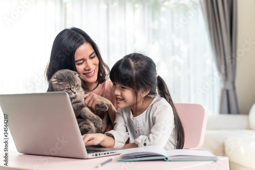 Asian young girl learn online education class, play with cat at home. © Kawee