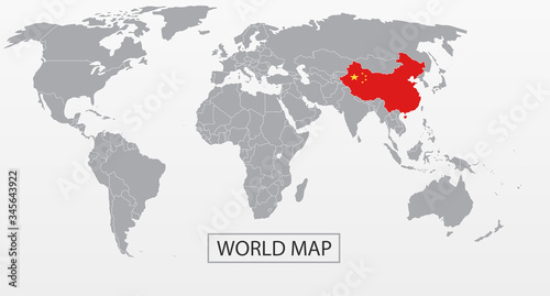 Fototapeta Naklejka Na Ścianę i Meble -  Political Vector Map of the world with clear borders with highlighted China with flag. Each country is isolated and selectable. Suitable for reports, statistics, infographics, templates. Silhouette