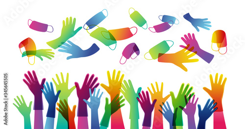 Quarantine is over. pandevic end. end the lockdown. coronavirus is finish. Hands up. multi-national group of people cheers with their hands raised in protective gloves throw up protective masks.