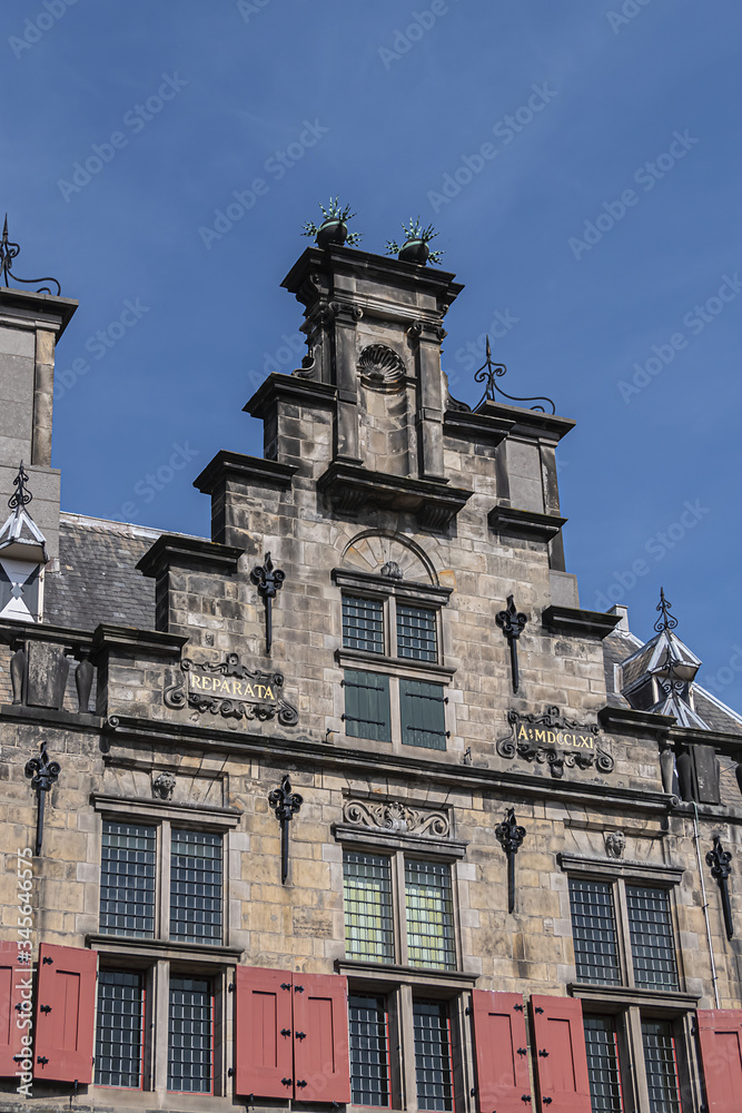 Fragments of City Hall (1618 - 1620) in Delft. City Hall in Delft is a Renaissance style building on the Market Square. The Netherlands.