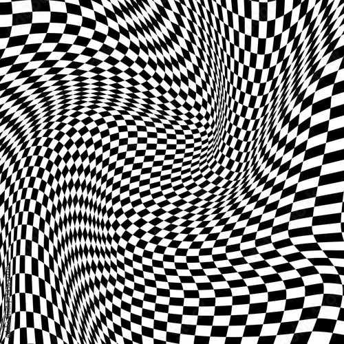 Abstract black and white curved grid vector background. Abstract black and white geometric pattern with squares. Contrast optical illusion. Vector Illustration