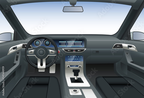 Vector car interior. View from driver's seat at steering wheel, car dashboard with multimedia screen, gear lever, windshield with rear view mirrors. Vector illustration