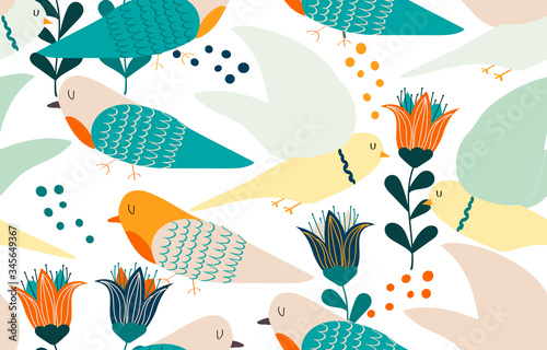 Seamless childish pattern with colorful birds. Kids texture for fabric, wallpaper, apparel, surface decoration and more