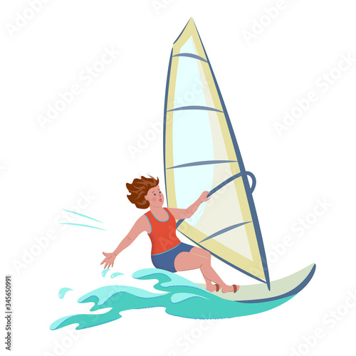 Cheerful cute girl - windsurfer is sailing across water by standing on a board and holding onto a large sail. Vector isolated illustration with texture in cartoon style.