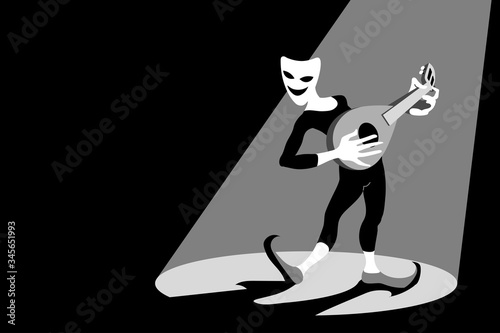 Dancing actor in tights on stage under a spotlight in a theatrical mask of comedy with lute or mandolin. Vector illustration with white & gray on a black background in cartoon, flat, hand drawn style.