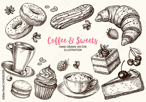 Set of hand drawn delicious sweets. Vector illustration. For dessert menu or food package design.