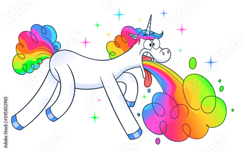 Funny unicorn makes rainbow