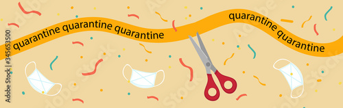 Quarantine is over. pandevic end. end the lockdown. coronavirus is finish. Scissors cut the tape with the inscription quarantine, confetti and a protective mask. Vector illustration
