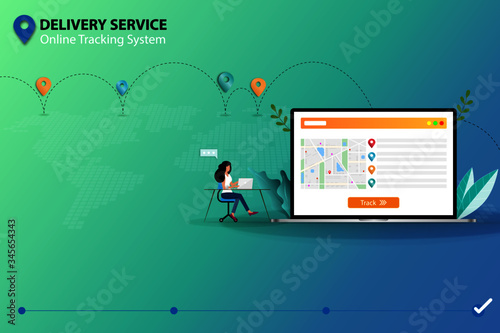 Concept of delivery service with online tracking system, office staff is working on laptop which the display contain map and GPS to track the shipment and deliver the goods to customers.