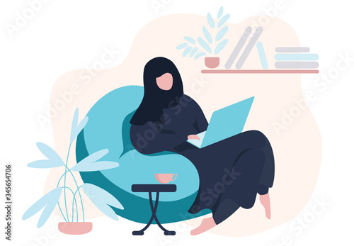 Arabian girl in hijab with laptop sitting on sofa. Womens freelance. Concept illustration for working, studying, education, work from home, healthy lifestyle. flat style. coronavirus, self-isolation.