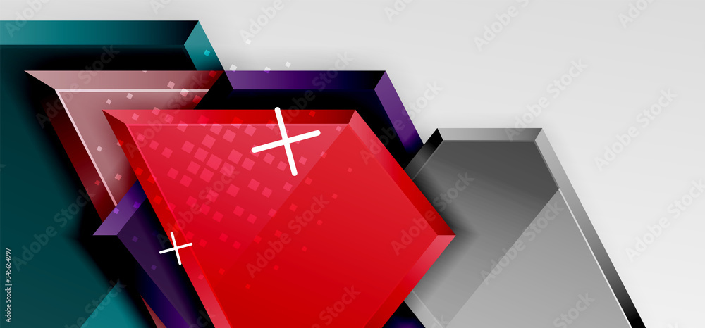 Metal glossy shiny geometric shapes with 3d effect composition. Techno futuristic vector abstract background For Wallpaper, Banner, Background, Card, Book Illustration, landing page