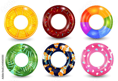 Swim rings set on white background. Inflatable rubber toy. Lifebuoy colorful vector collection. Summer. Realistic summertime illustration. Summer vacation or trip safety.